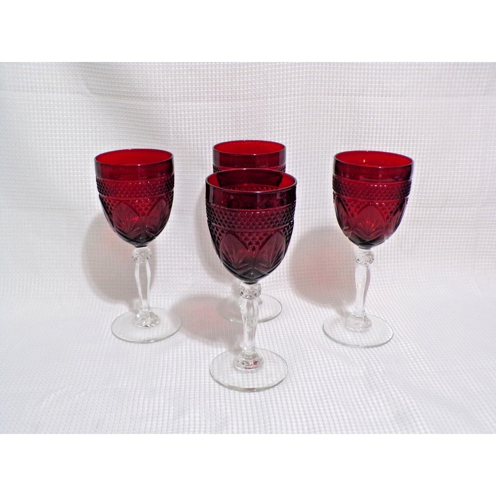 Crystal D'Arques Durand  Antique Ruby Red Water or Wine Goblets 8oz Clear Stem 4